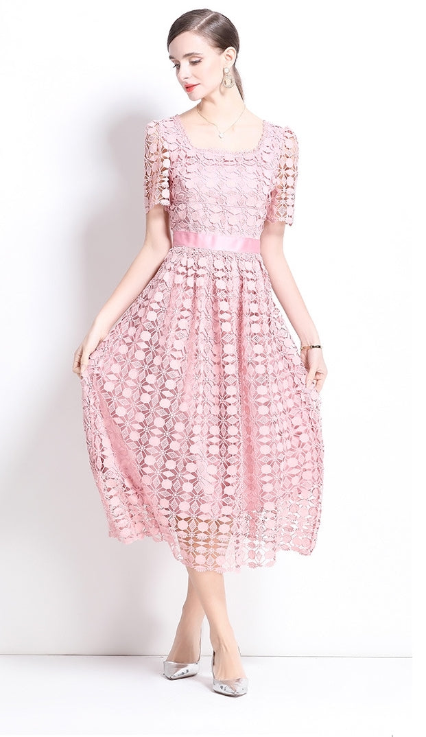 Elegant Pink Lace Midi Dress