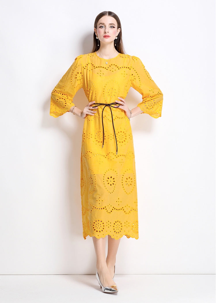 Sunburst Eyelet Belted Midi Dress - 902368523846_TURMERIC