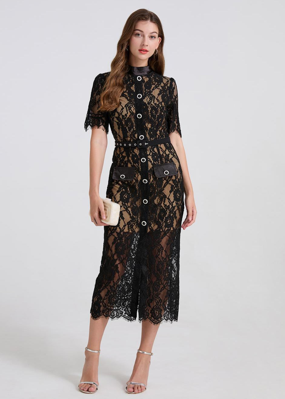 Noir Allure Lace Button-Down Dress