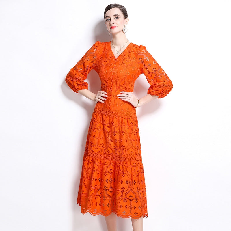 Bold Orange Embroidered Lace Dress