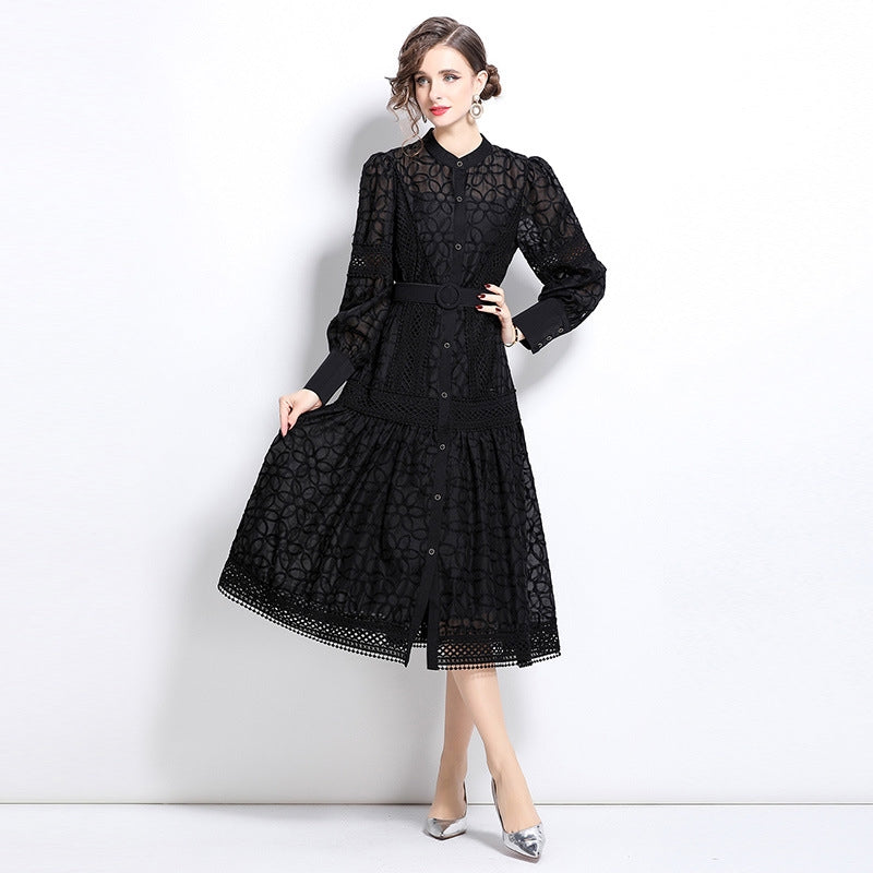 Elegant Black Lace Midi Dress with Belt