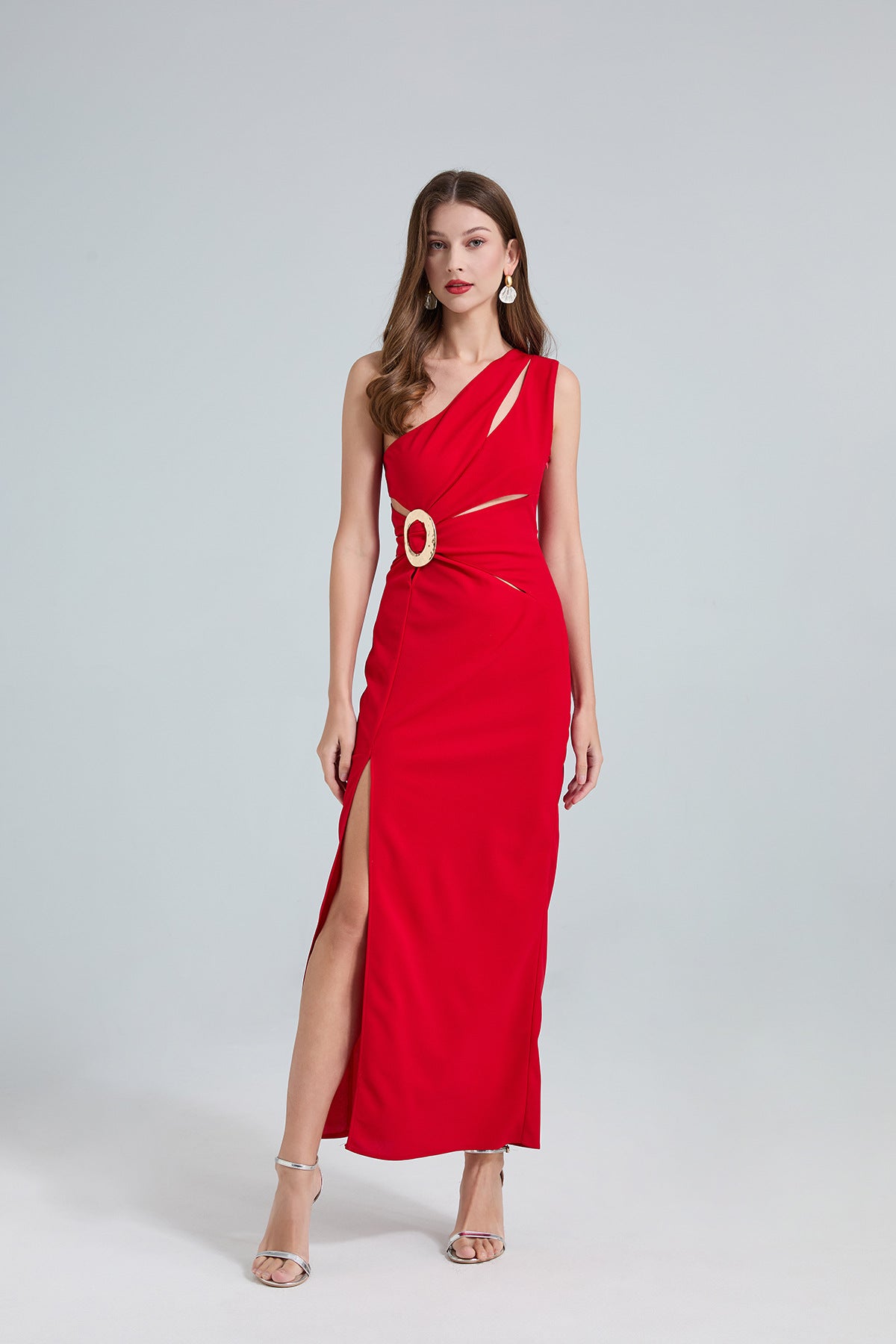 Red One-Shoulder Cutout Gown