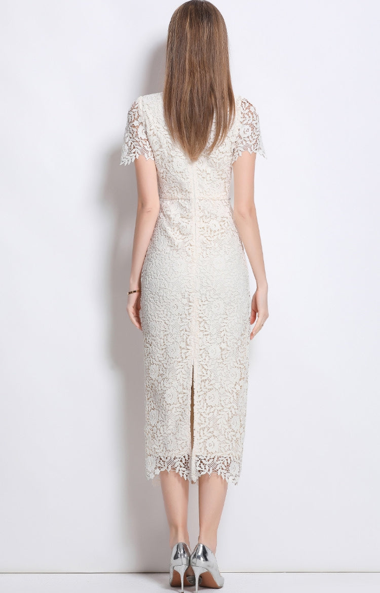 Elegant Lace Pearl-Button Midi Dress - 911152070726_APRICOT
