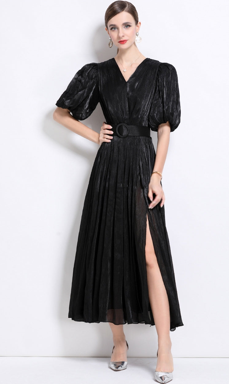 Midnight Allure Pleated Black Dress - 920551704711_BLACK