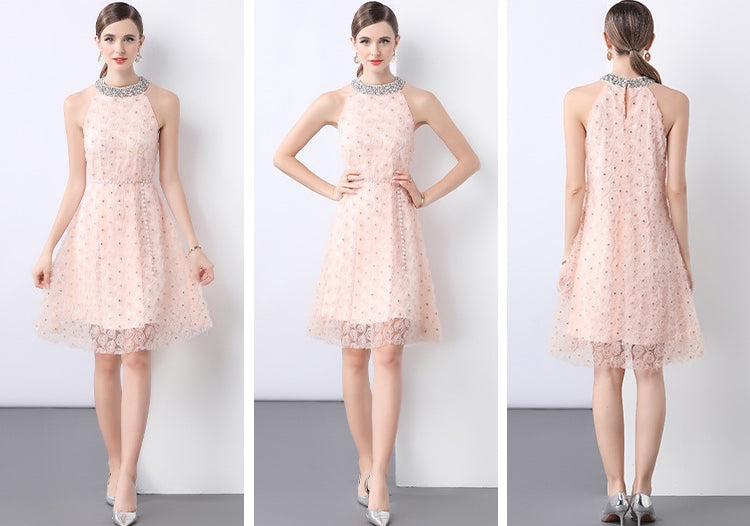 Blush Rosette Halter Dress with Pearl Belt