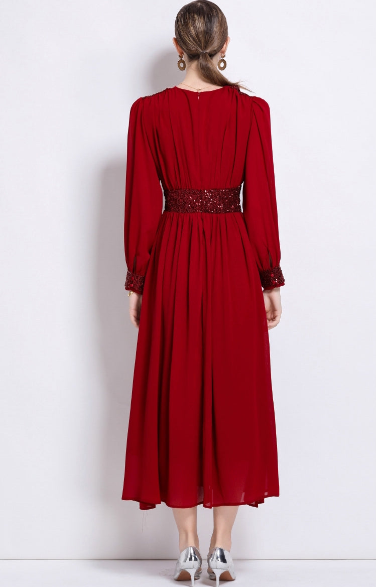 Crimson Elegance Sequin Waist Maxi Dress