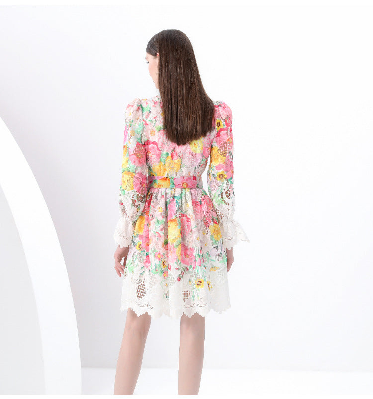 Lace Trim Floral V-Neck Dress