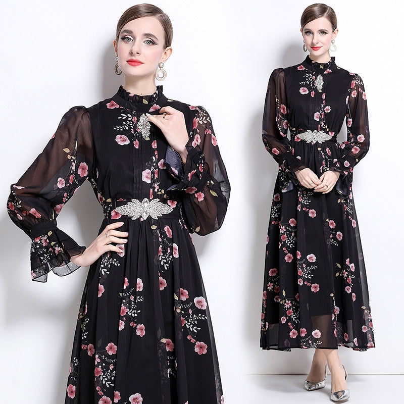 Black Flowy Floral Tiered Chiffon Gown With Belt