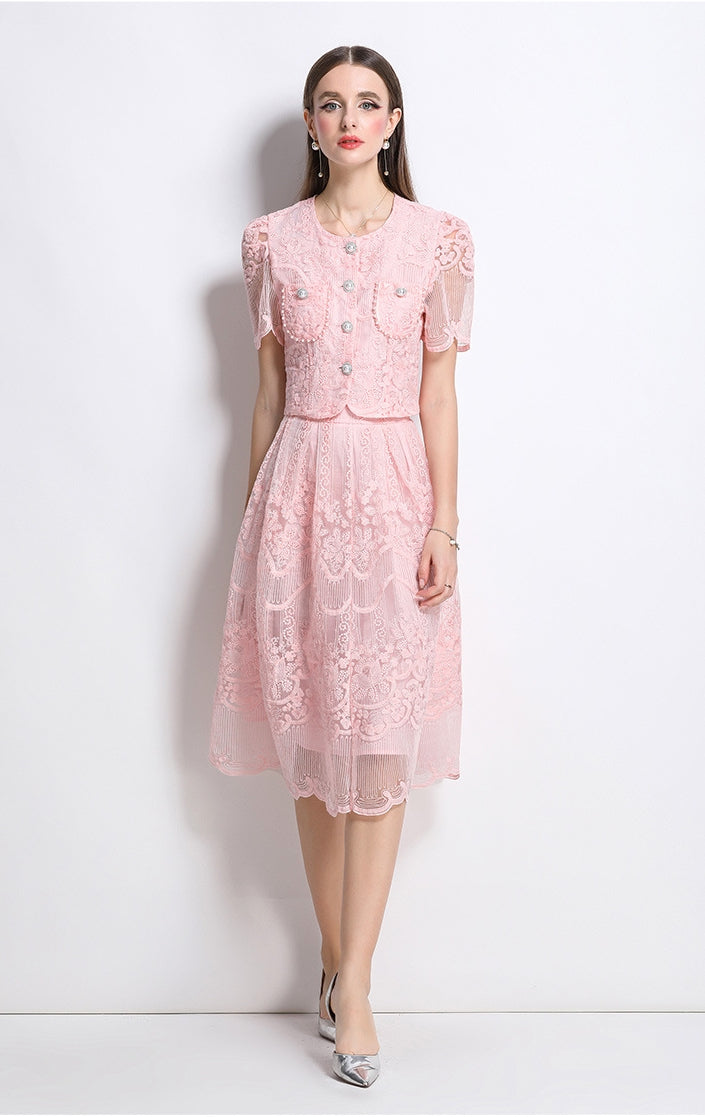Elegant Lace Vintage Two Piece Midi Dress – Blush Pink