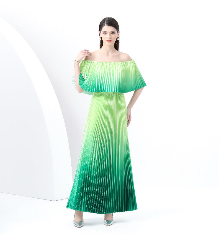 Off-Shoulder Green Ombre Pleated Maxi Dress