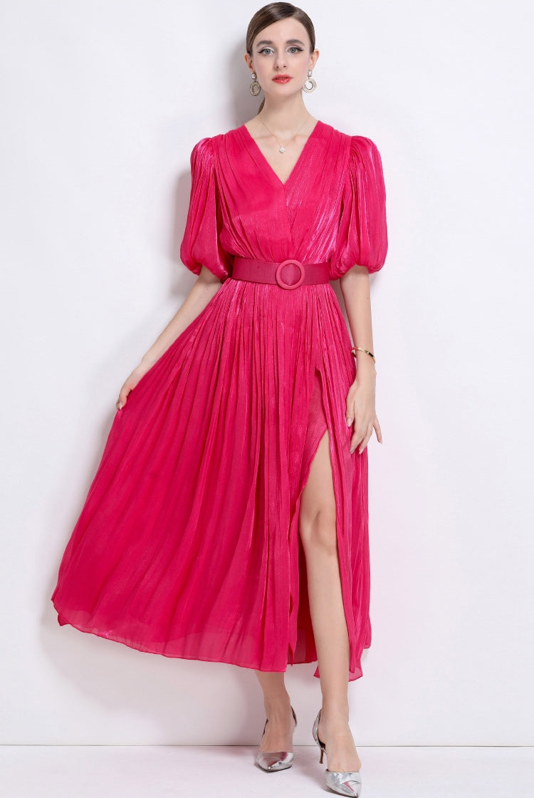 Radiant Rose Pleated Belted Dress - 920551704711_ROSERED