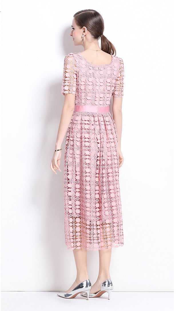 Elegant Pink Lace Midi Dress