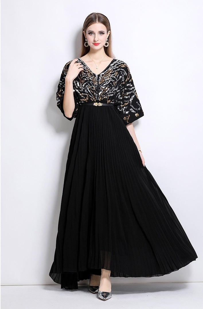 Celestial Black Sequin Pleated Maxi