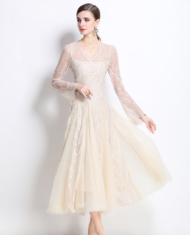 Ivory Lace Long-Sleeve Midi Dress