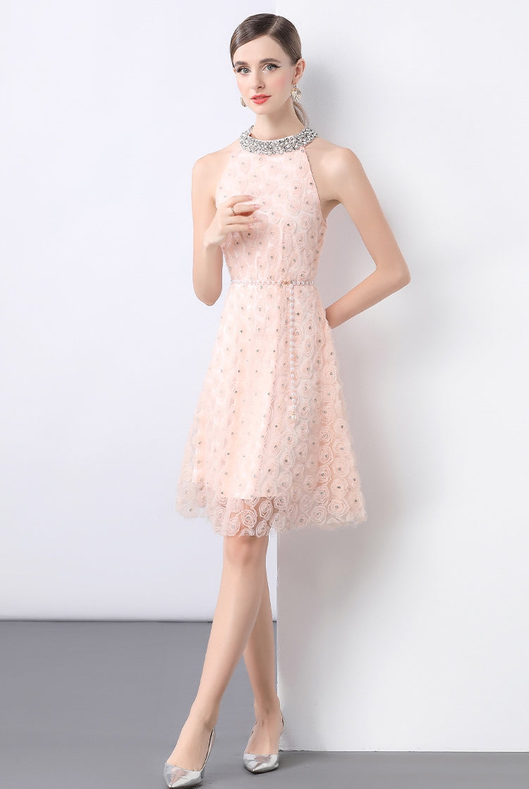 Blush Rosette Halter Dress with Pearl Belt