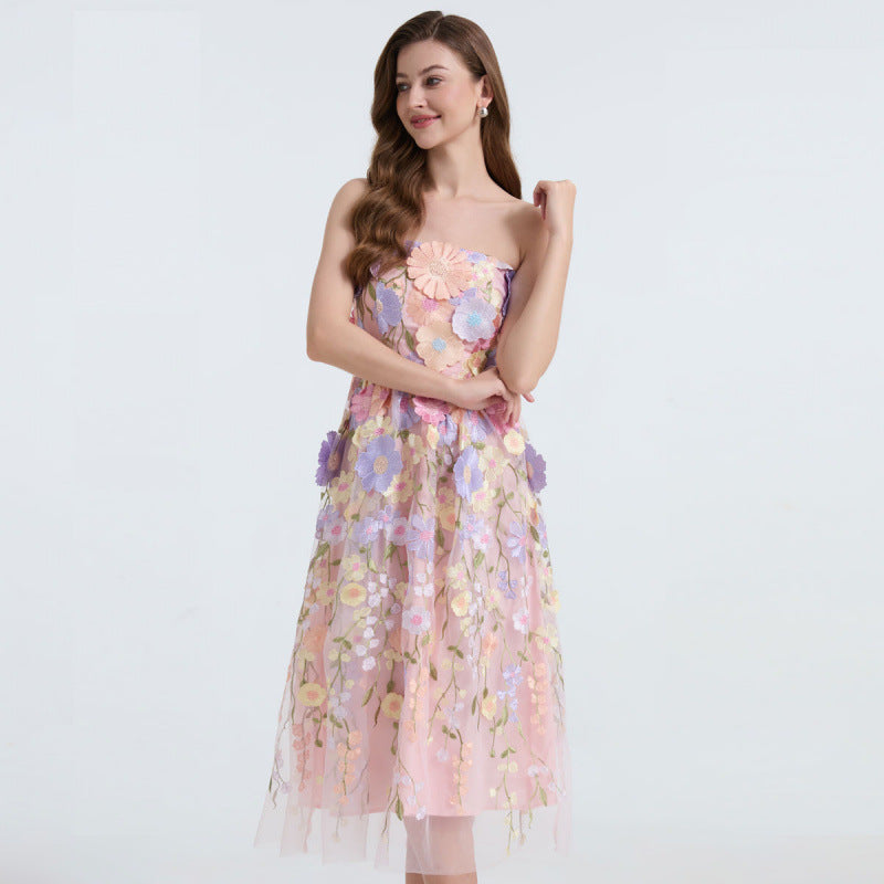 Petal Whisper Strapless Embroidered Dress - 912071976607_PINK