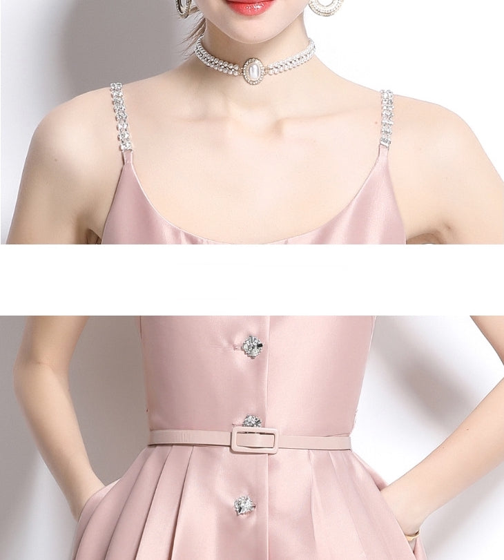 Blush Satin Crystal-Button Midi Dress