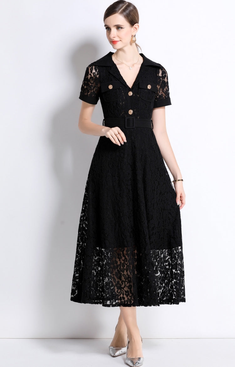 Black Lace Military Midi Dress