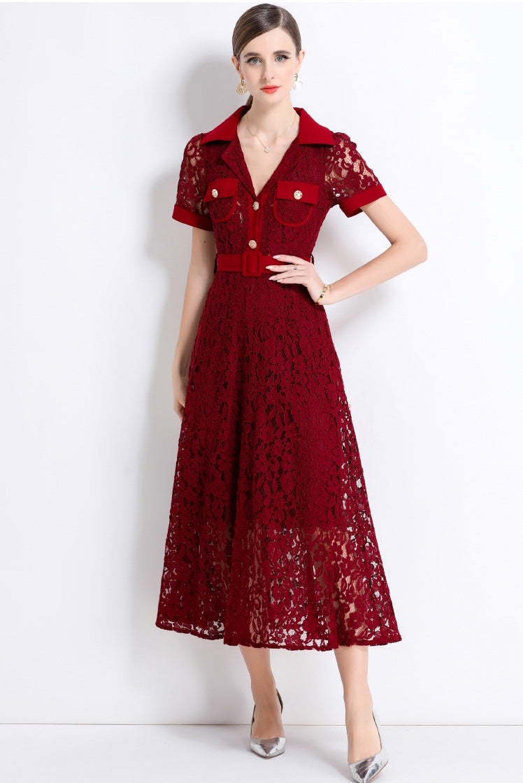 Burgundy Lace Military Midi Dress