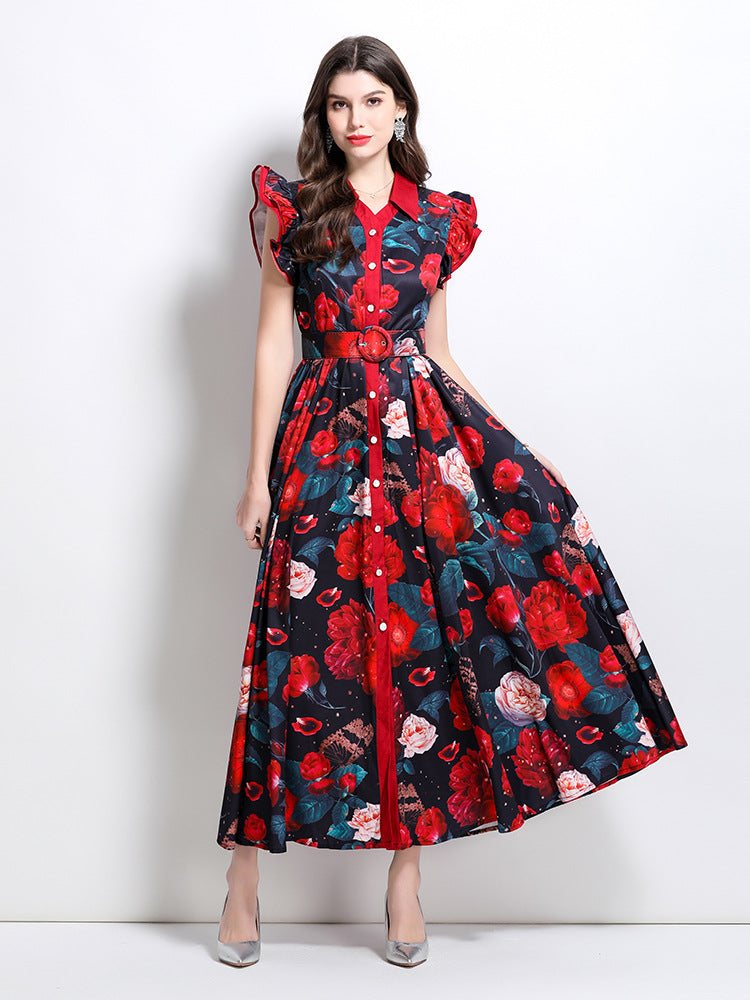 Vintage-Inspired Floral Maxi Shirt Dress with Ruffle Sleeves