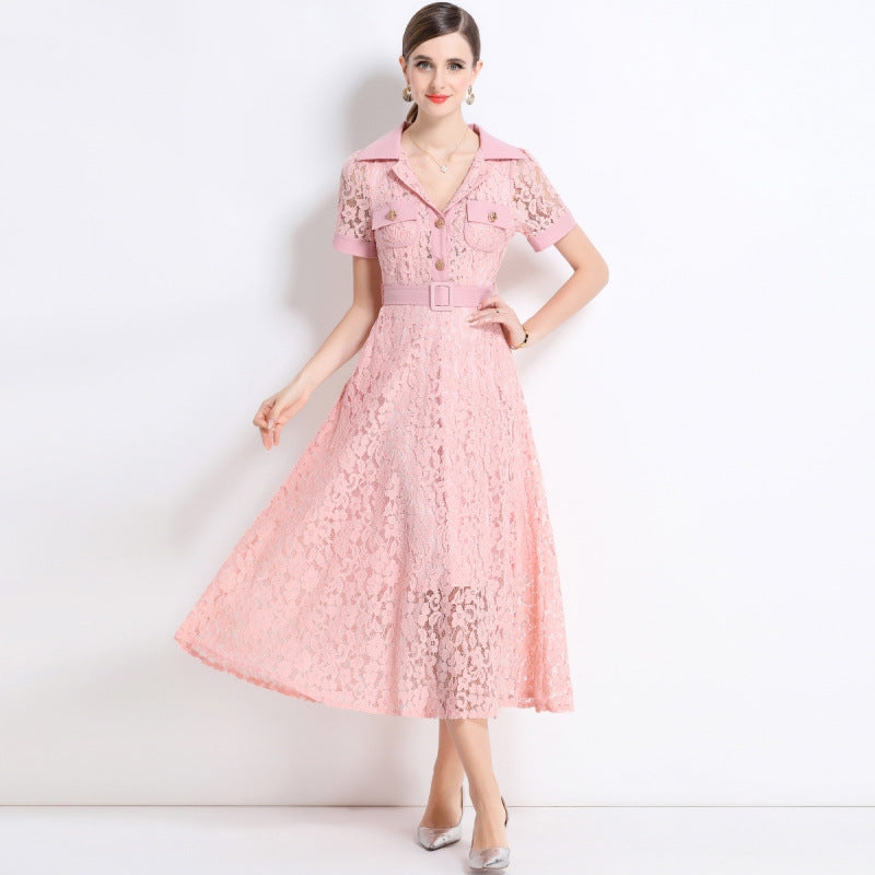 Blush Pink Lace Military Midi Dress