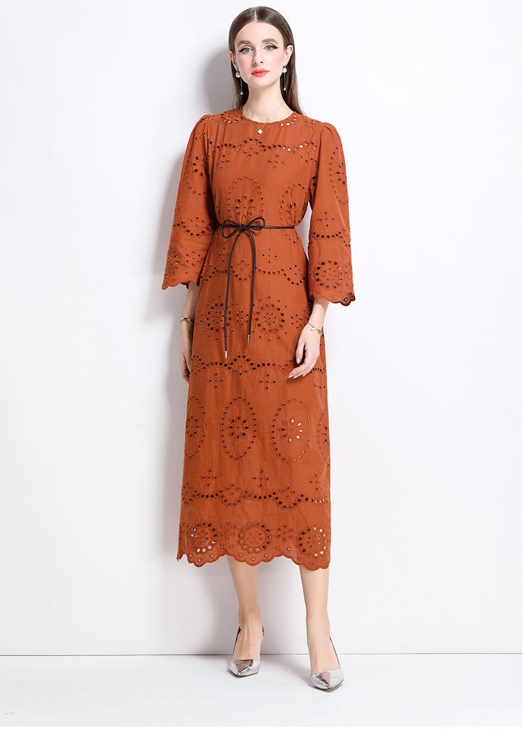 Terracotta Eyelet Midi Dress - 902368523846_BROWN