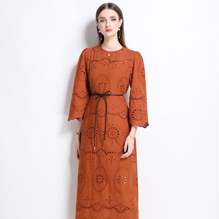 Terracotta Eyelet Midi Dress - 902368523846_BROWN