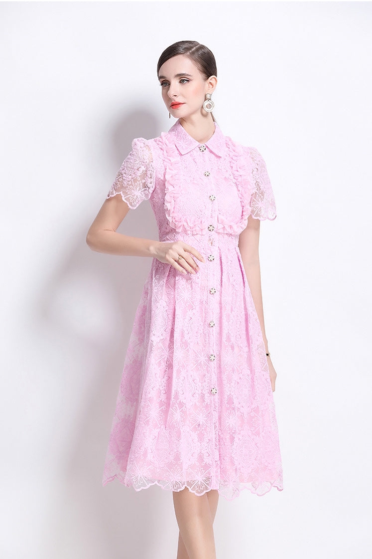 Elegant Pink Lace Button-Up Midi Dress