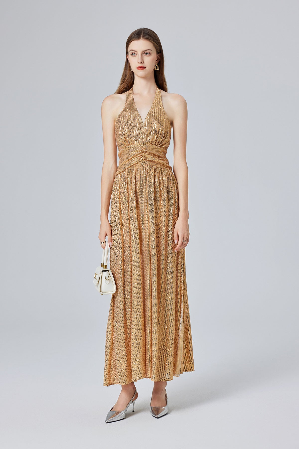 Gold Sequin Halter Maxi Dress