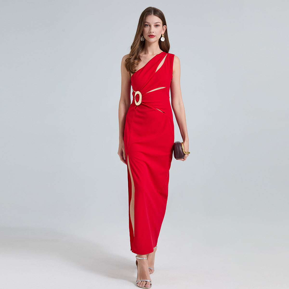Red One-Shoulder Cutout Gown