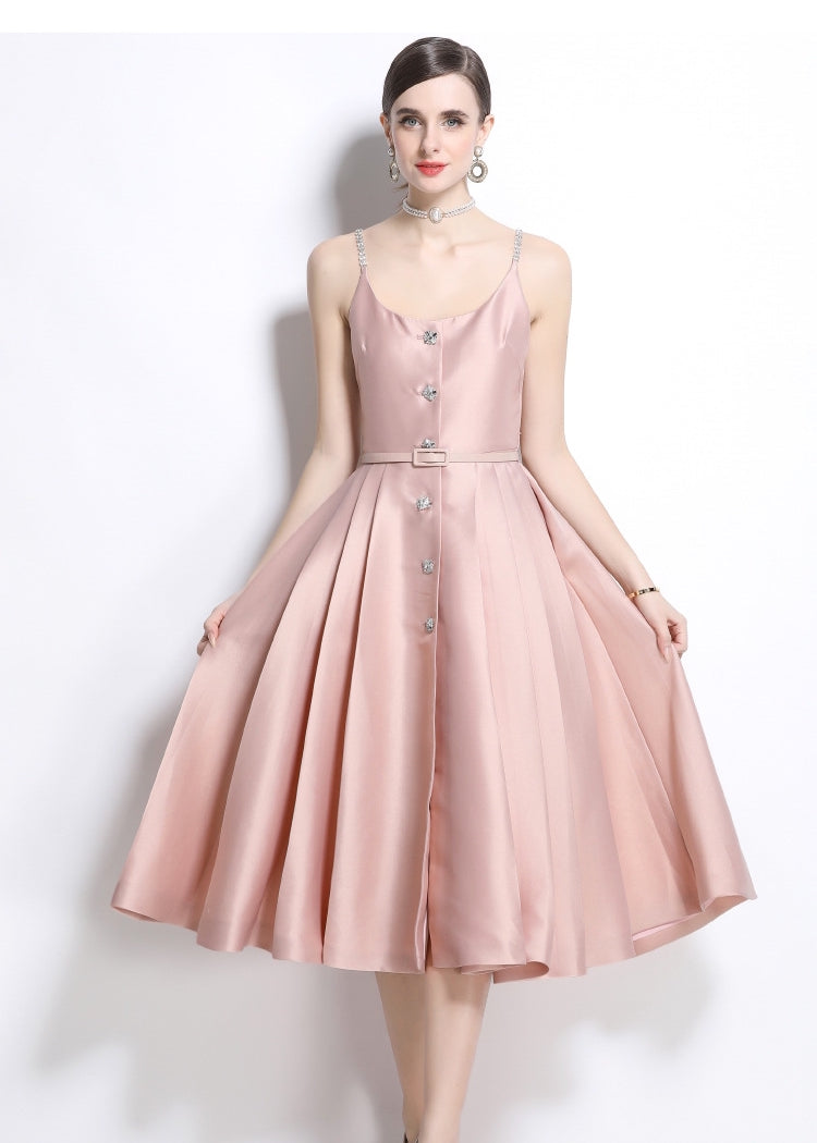 Blush Satin Crystal-Button Midi Dress