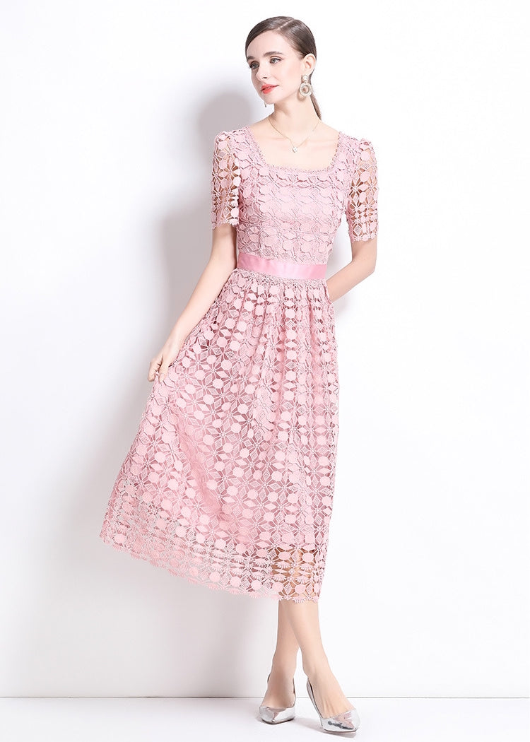 Elegant Pink Lace Midi Dress