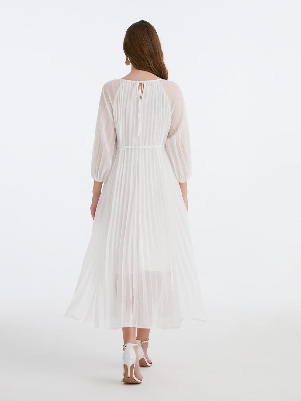 Snow Petal Pleated Chiffon Dress - 906472342218_WHITE