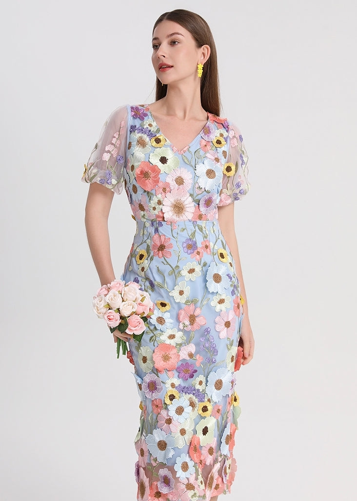 Blooming Garden Embroidered Midi Dress - 906548043201_BLUE