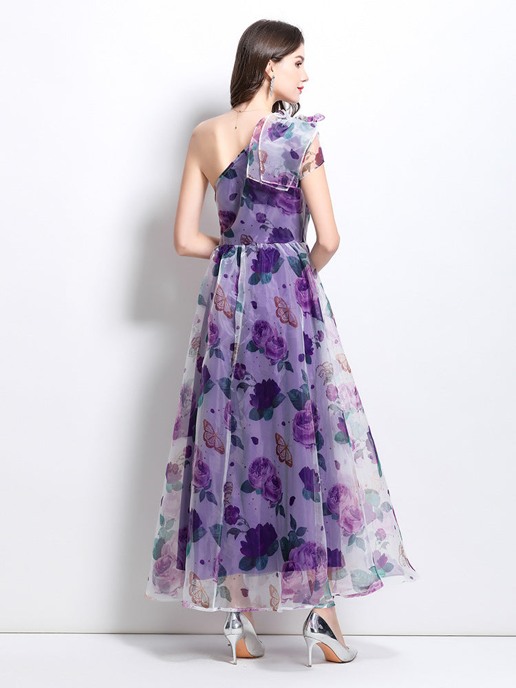 Purple Floral One-Shoulder Maxi Dress