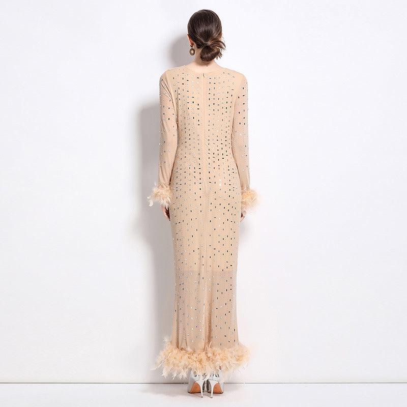 Heavy Embellished Stretchable Feather Sleeves Mesh Party Dress