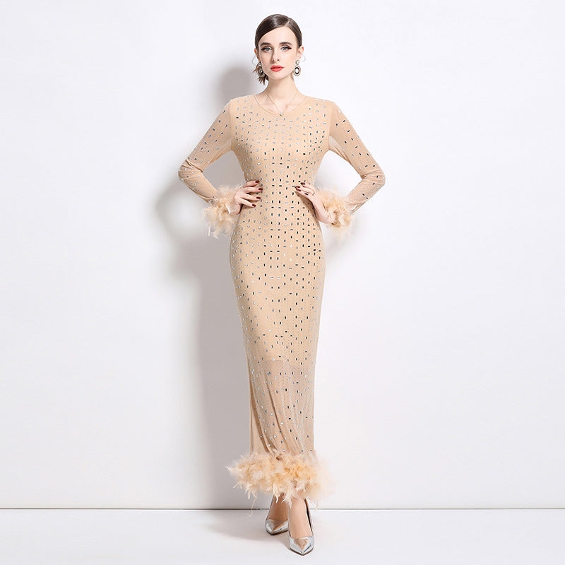 Heavy Embellished Stretchable Feather Sleeves Mesh Party Dress