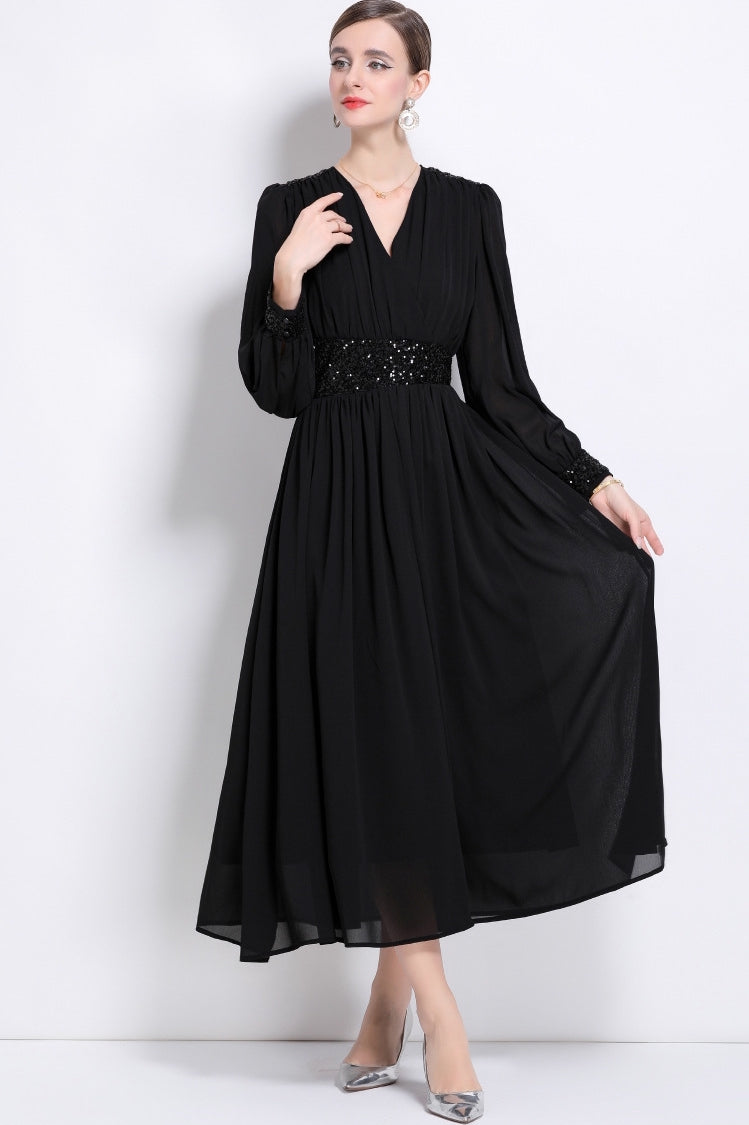 Midnight Grace Sequin Waist Maxi Dress