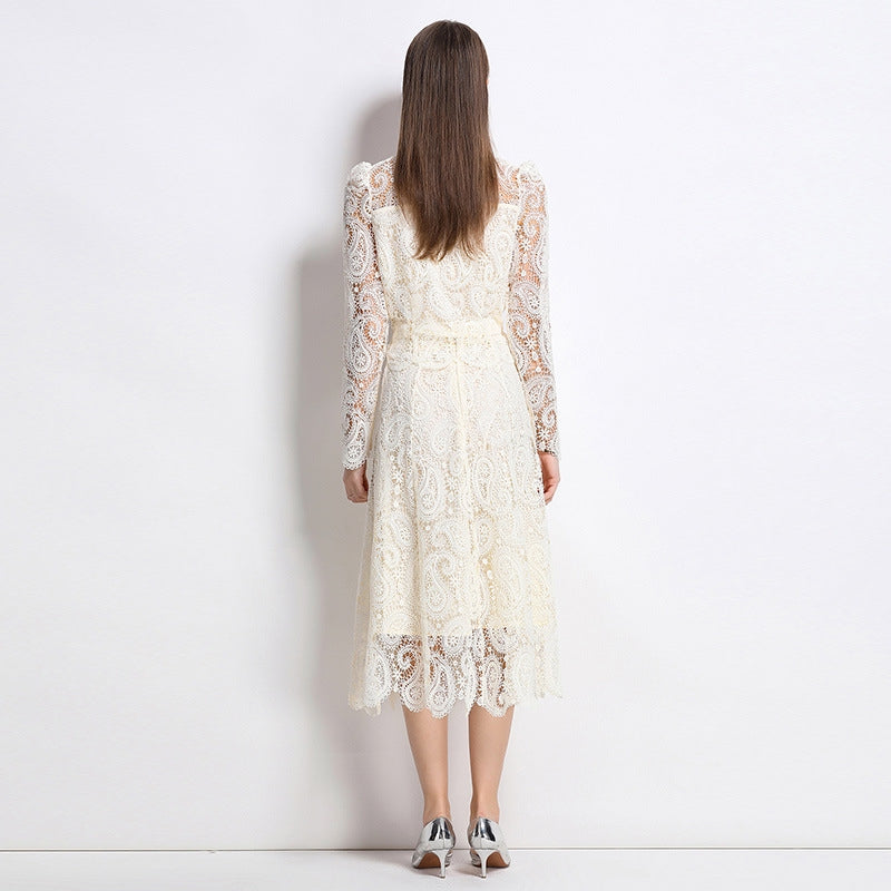Elegant Long-Sleeve Lace Midi Dress – Ivory White