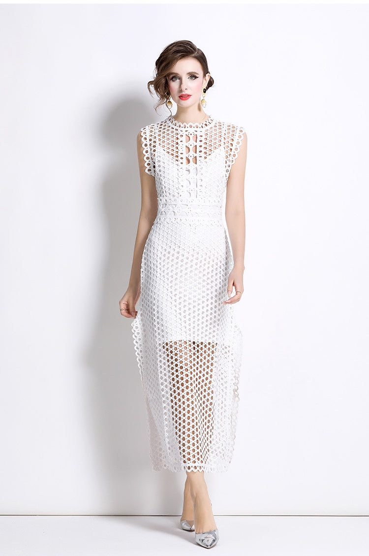 White Hollow-Out Lace Midi Dress