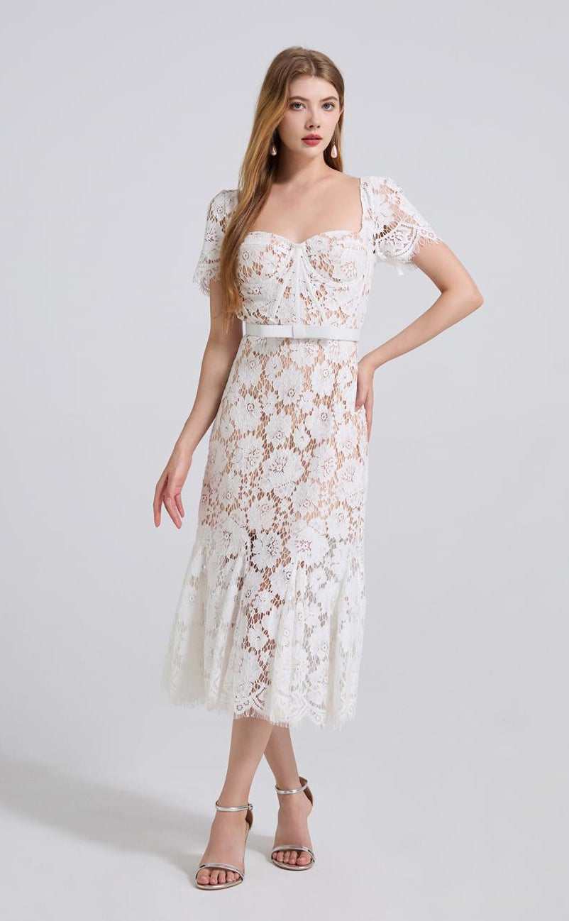 Ivory Grace Floral Lace Midi Dress - 912087138600_WHITE
