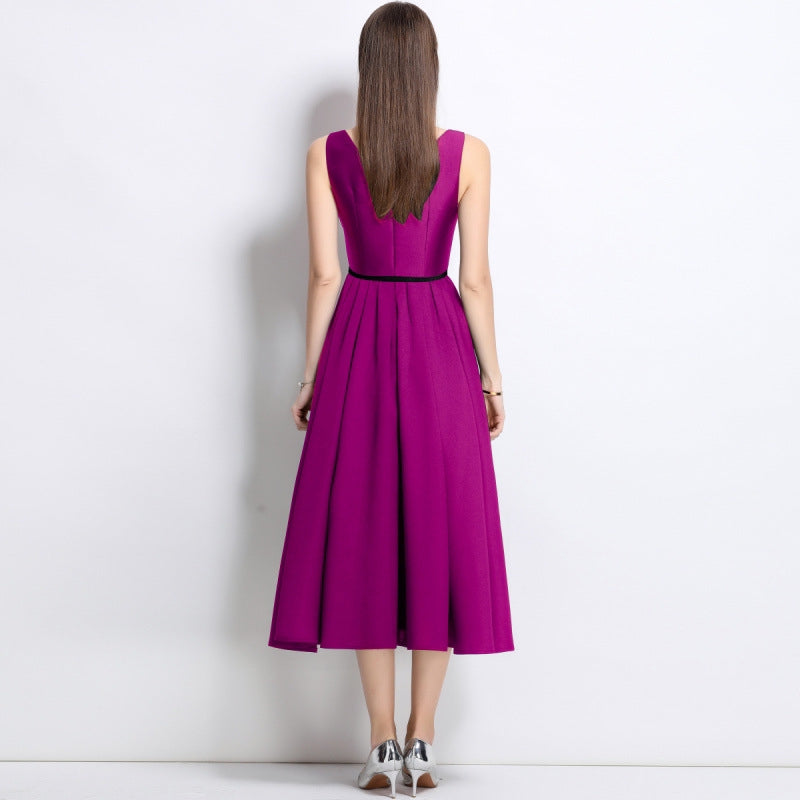 Elegant Magenta V-Neck Buttoned Midi Dress