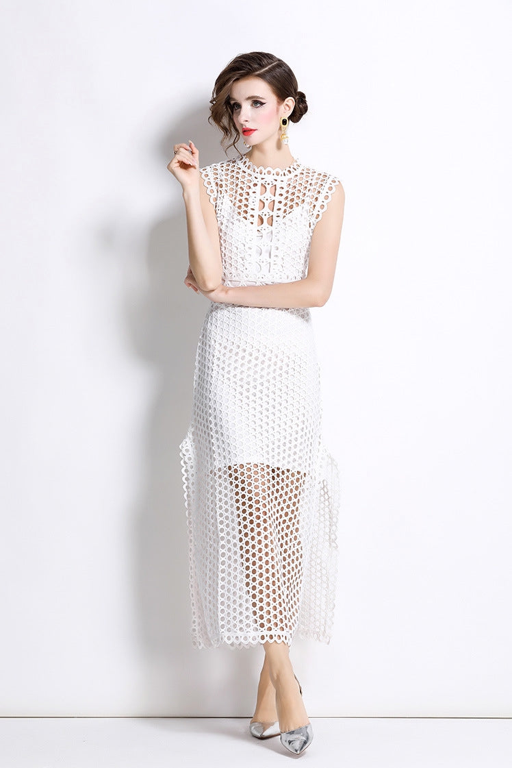 White Hollow-Out Lace Midi Dress