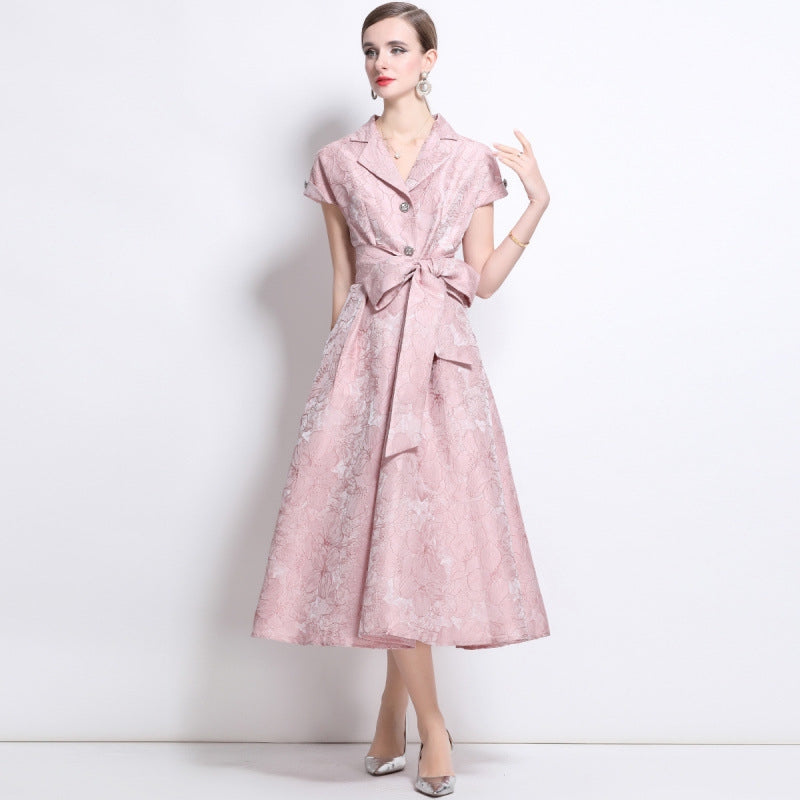 Elegant Rose Brocade Midi Dress - 913663767470_PINK