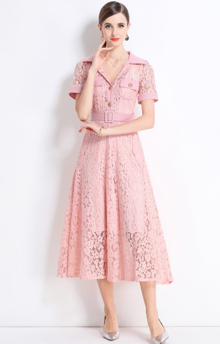 Blush Pink Lace Military Midi Dress