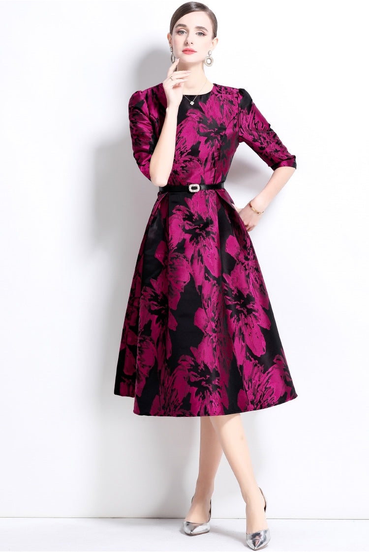 Jacquard Fuchsia Dress With Fitted Vest and Hepburn skirt
