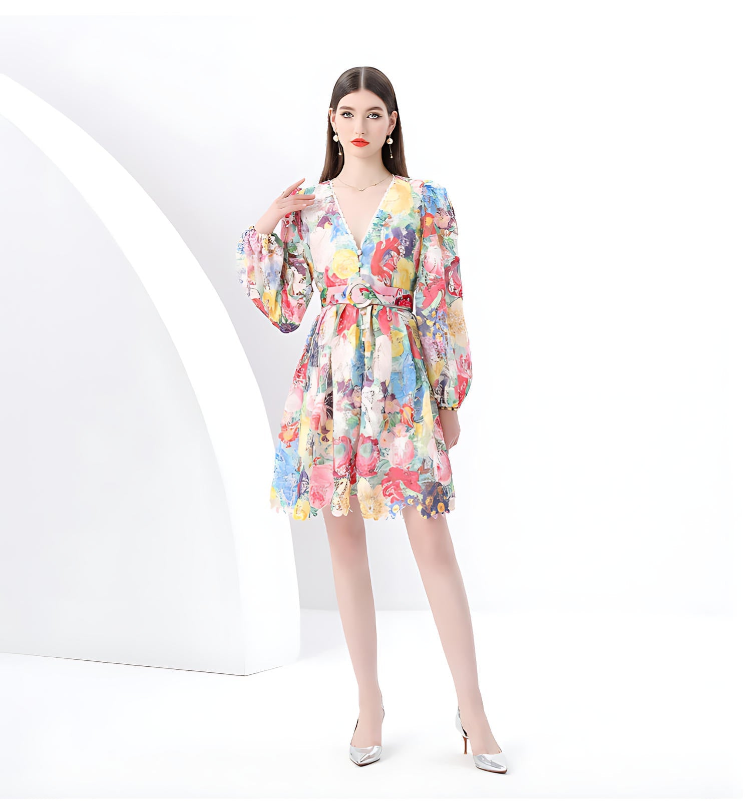 Floral V-Neck Belted Dress