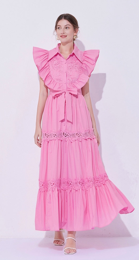 Rose Ruffle Embroidered Maxi Dress