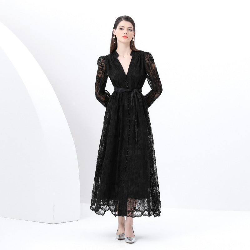 Black Lace Long-Sleeve Maxi Dress