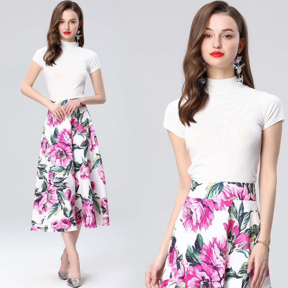 White Floral Midi Skirt Two Piece Set